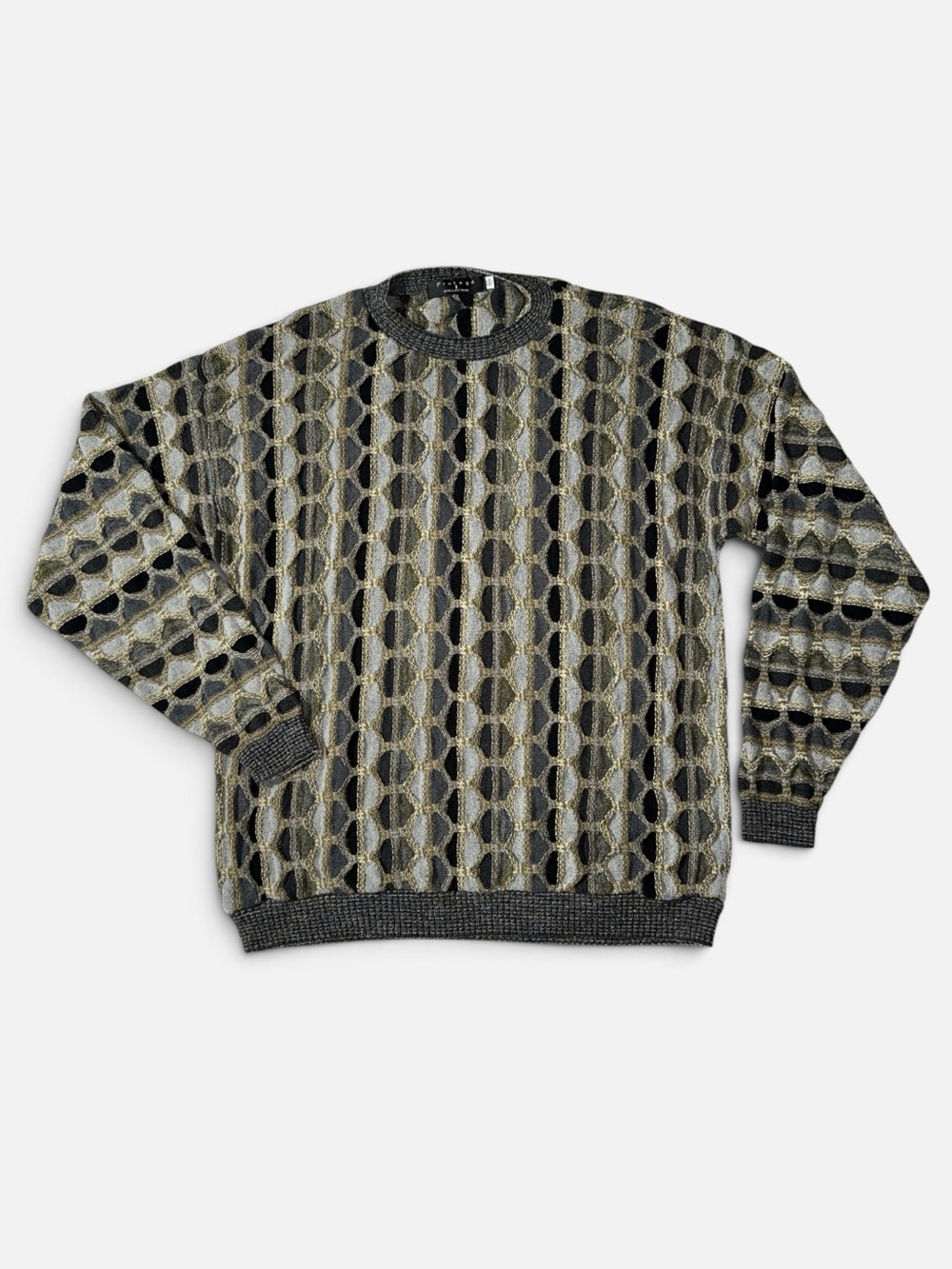 VINTAGE Protege mens XLT green grey 3D knit crewneck pullover 90s sweater EUC
